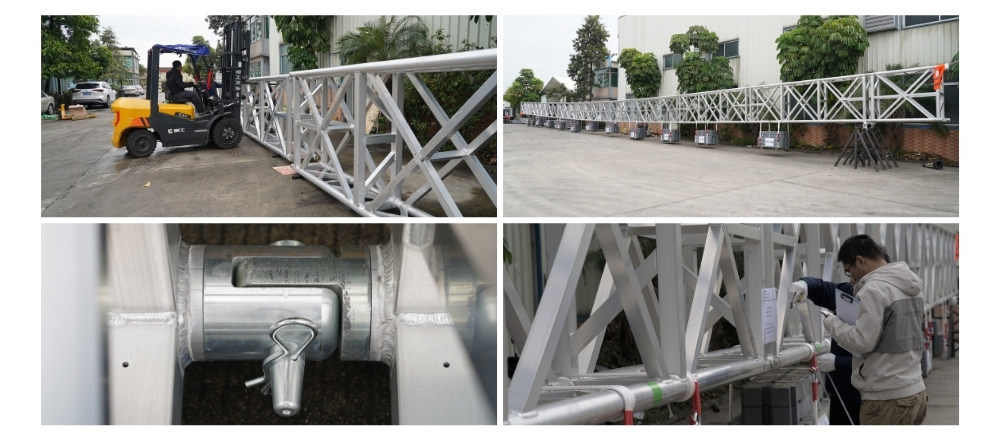 TÜV SÜD engineers conducting a load test on a 500×1500mm heavy-duty aluminum truss. TÜV SÜD engineers conducting a load test on a 500×1500mm heavy-duty aluminum truss.