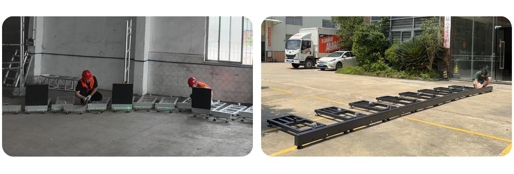 Ground beams and adjustable bases aligned and leveled during LED wall ground support installation