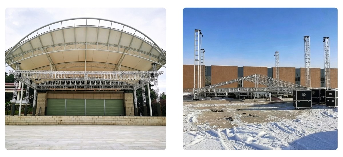 Outdoor structure made of 12x12 inch bolt aluminum truss